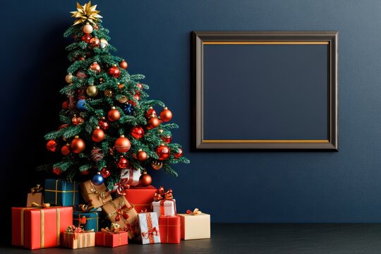 A christmas tree tilting dangerously to one side over gift boxes for an xmas holiday event feast celebrate