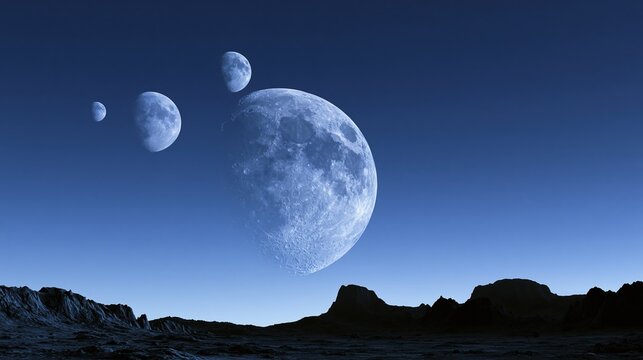 multiple moons hovering above dark alien landscape