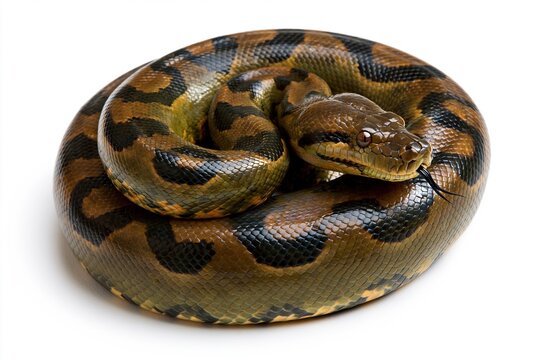 Coiled green and brown python with patterned scales