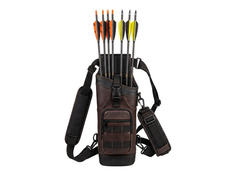 Archery quiver filled with arrows isolated on white