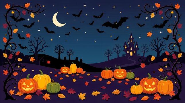 Halloween night landscape with jack o' lanterns, spooky haunted castle under crescent moon, autumn pumpkin patch background with bats and fall leaves