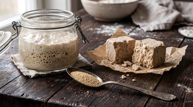 Active sourdough starter in a glass jar alongside fresh yeast blocks and dry yeast on a rustic wooden table for professional artisanal bread making and home baking concept