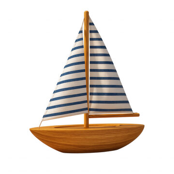 Wooden toy sailboat featuring blue striped sails and smooth polished timber texture stands elegantly against a clean transparent background.
