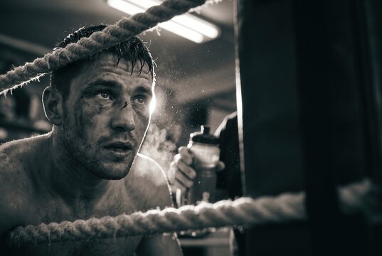 Intense black and white portrait of a bruised male boxer resting on boxing ring ropes, capturing raw exhaustion and determination for sports storytelling and motivational editorial content.