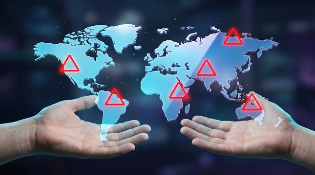 Business person showing glowing digital world map projection with red alert warning icons suggesting international security risks or global crisis in dark high tech business setting