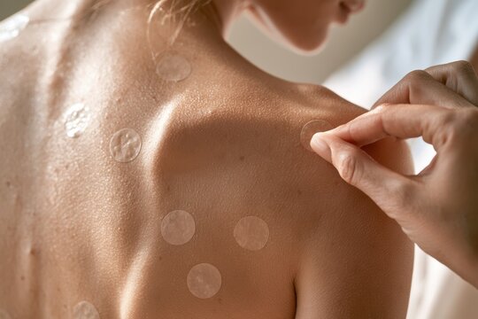 Person applying hydrocolloid pimple patch to body for blemish healing and skincare routine