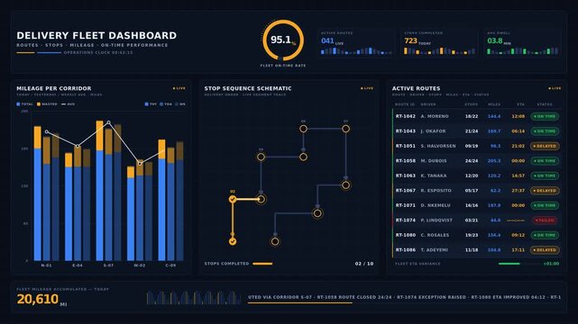 A sleek delivery fleet dashboard showcasing routes, stops, mileage, and on-time performance with dynamic charts and animations in a modern slate-black and amber-gold color scheme.