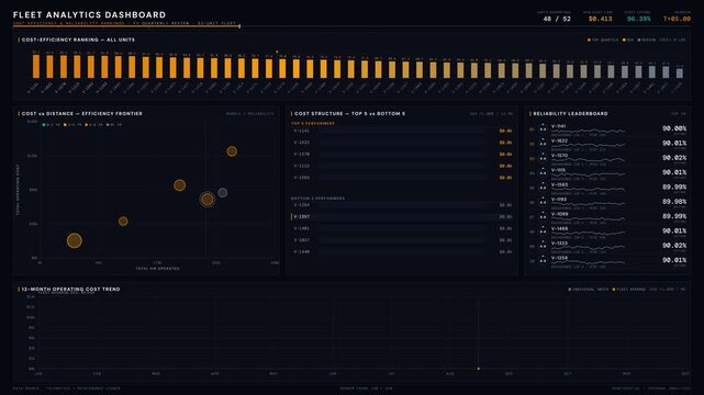 A sophisticated fleet analytics dashboard displays cost efficiency and reliability rankings with detailed visualizations in a deep finance-black and gold-copper color scheme.
