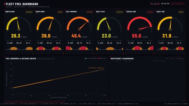 A sophisticated fleet fuel dashboard visualizing idling inefficiency and excessive consumption with neon-red accents and animated gauge dials for performance tracking.