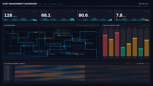 Explore a sophisticated fleet management dashboard showcasing routes, fuel utilization, and delays with dynamic animations in a dark mode interface. for commercial creative technology and business.