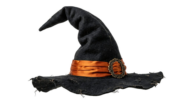 Witch hat isolated on transparent background cutout clip art cut out halloween costume magic sorcery apparel black orange ribbon buckle decoration holiday seasonal fantasy object accessory png no