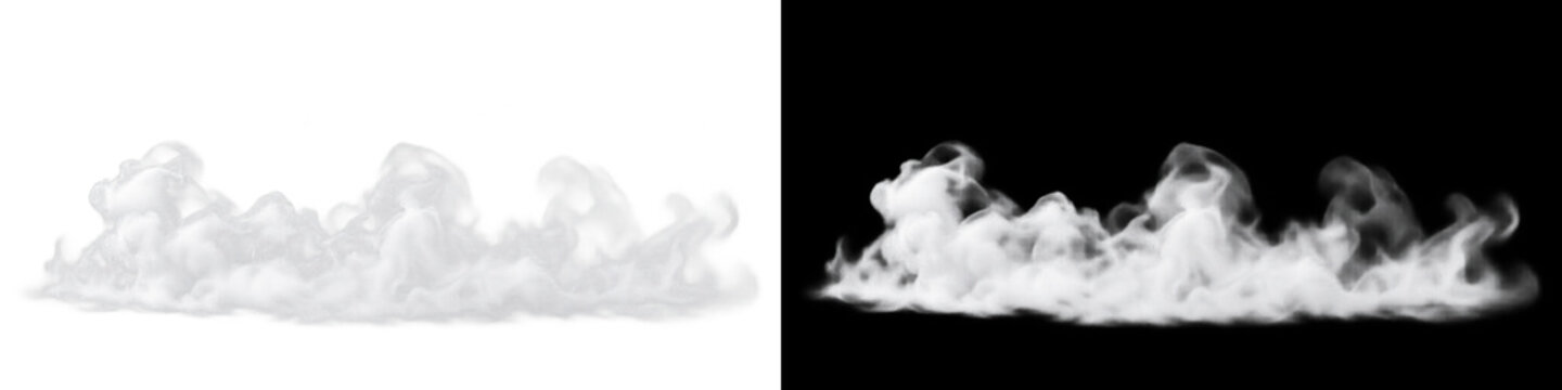 Horizontal white smoke cloud mist banner on transparent background, rolling atmospheric steam vapor band with soft billowy edges. Natural foggy weather overlay creates spooky cloudscape.
