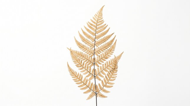 Single dried golden fern frond isolated on a clean white background