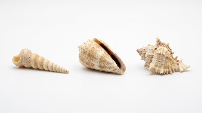 Three different seashells arranged in a row on a clean white background