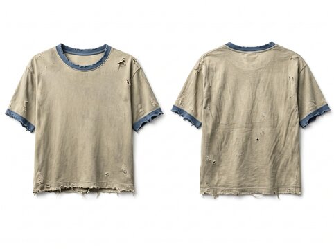Front and back view of a distressed olive green tshirt with blue ringer trim.