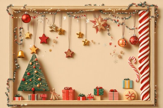 Puppet theater rectangular frame with christmas and new year holiday decorations, greeting card layout design template