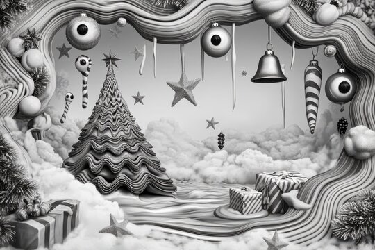 Surreal dreamscape wavy frame with christmas and new year holiday decorations, greeting card layout design template