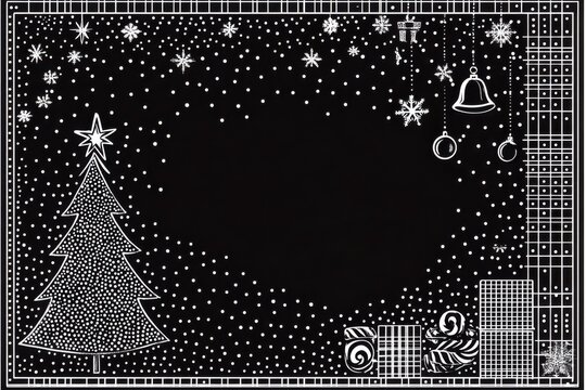 Dot matrix rectangular frame with christmas and new year holiday decorations, greeting card layout design template