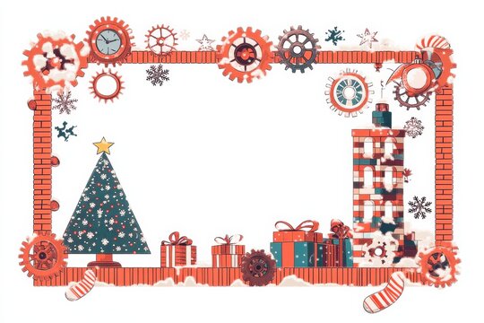 Clocktower rectangular frame with christmas and new year holiday decorations, greeting card layout design template