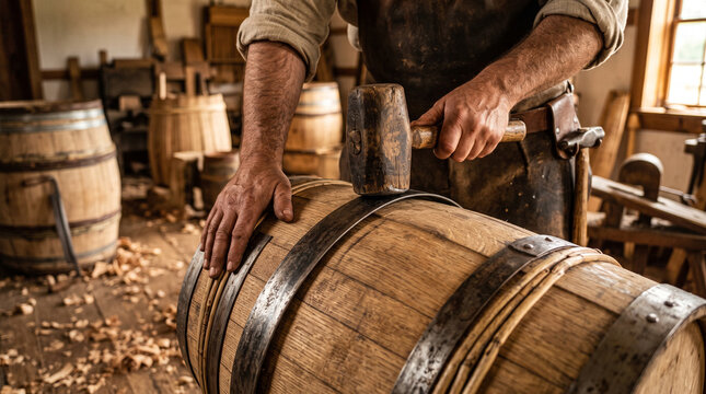 Skilled artisan hammering metal hoops onto a rustic wooden barrel inside a traditional warm workshop