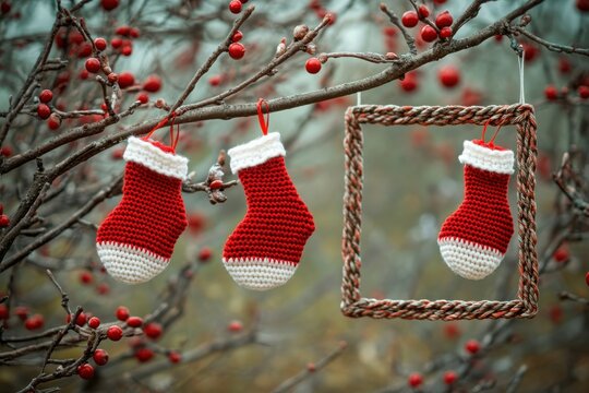 Crocheted santa hats and mittens hanging on tree branch with empty frame, christmas and new year holiday mockup