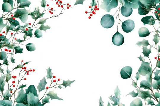 Eucalyptus and holly berries oval frame with christmas, and new year holiday greeting card design mockup