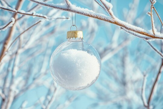 Transparent glass bauble filled with snow hanging on snowy tree branch, christmas and new year holiday mockup