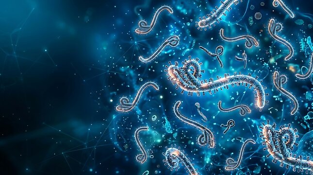 Glowing ebola virus particles floating on dark blue background, abstract 3D medical illustration of hemorrhagic fever pathogen