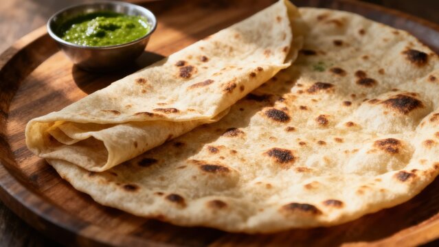 Fresh Indian naan bread, with golden blistered spots and a soft, pillowy texture, served in a cloth-lined basket with garlic butter and a side of pickles, representing the essential Indian bread