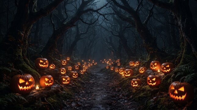 夜の森の小道に並んで光るジャック・オ・ランタンの不気味なハロウィンの風景