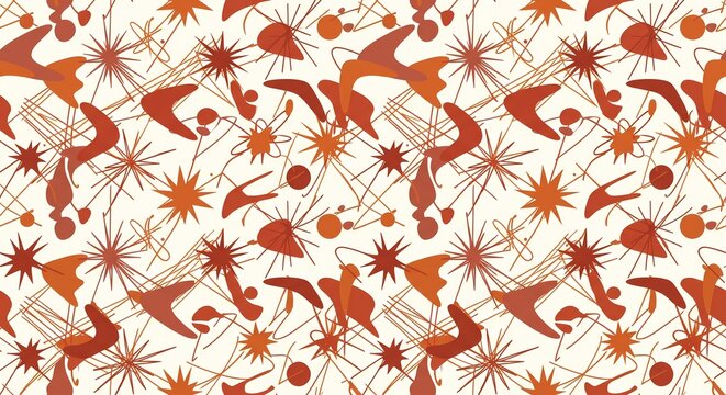 Mid-century modern seamless pattern with retro atomic shapes and boomerang elements