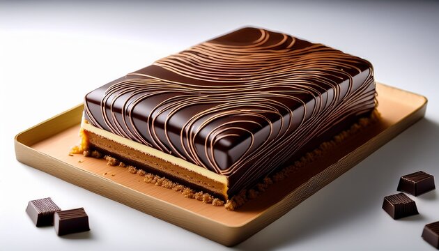 Elegant opera cake bar decorated with artistic chocolate lines on a clean white background.