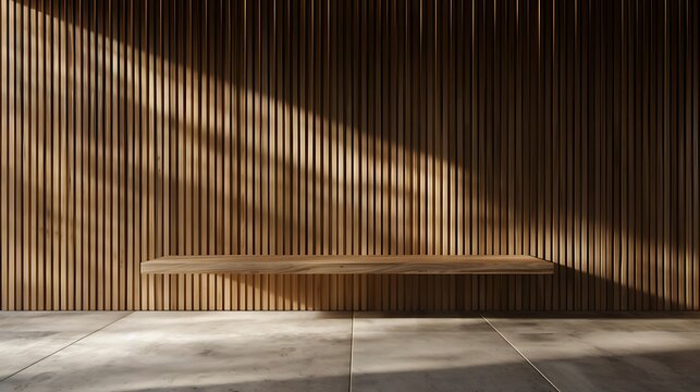 Modern wooden slatted accent wall featuring a minimalist floating display shelf in warm ambient light, designed for luxury branding projects