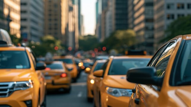 Yellow taxis line congested city street during golden