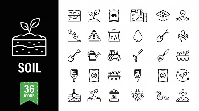 Soil Icon Set with Fertile Earth, Agricultural Land, and Nutrient Rich Ground Symbols