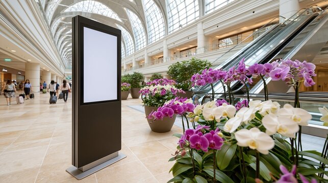 Blank digital kiosk beside orchids in bright airport
