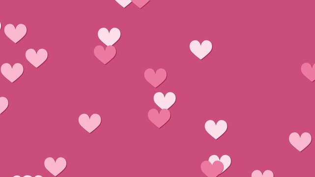 Dynamic animation of various pink heart shapes floating up and scattering across a solid pink background with a smooth motion.