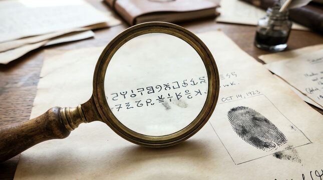 Vintage magnifying glass on cryptic documents with fingerprint