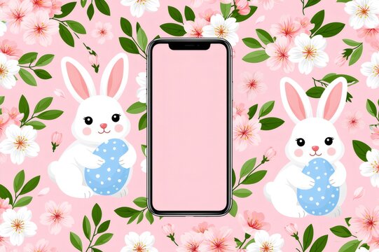 Easter bunnies holding eggs with smartphone mockup on floral background