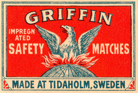 Vintage Match Box Label, Griffin Firebird Red Cream Print Texture