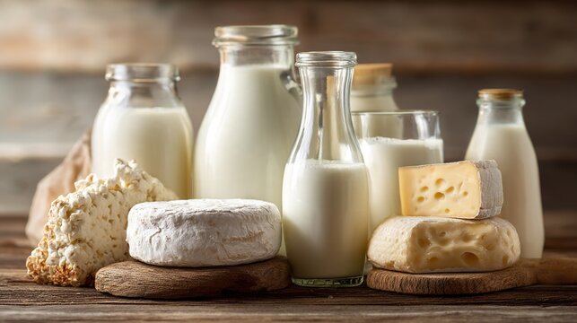 calcium. Assortment of milk bottles and cheese wheels on wooden table, soft diffused lighting. menu design, packaging mockups, designed for culinary blogs and recipe cards for restaurants.