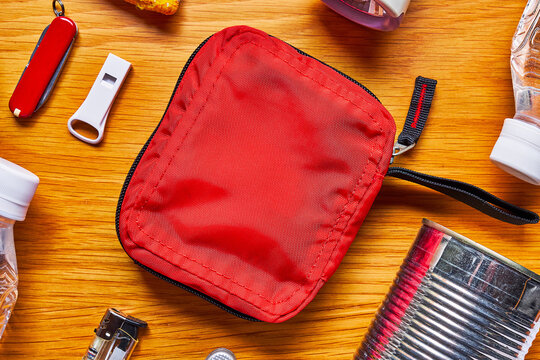 Disaster Preparedness Kit on Wooden Table