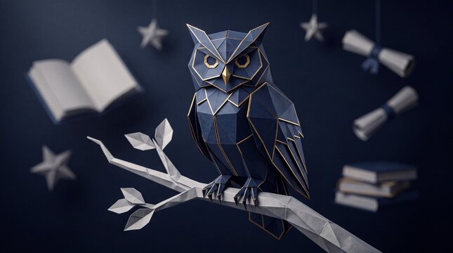 Stylized Low Polygon Owl Perched on Branch