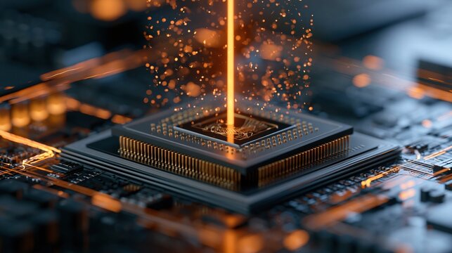 Microchip processor with glowing orange light beam on