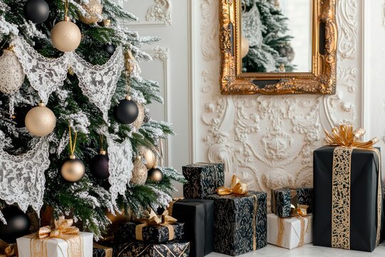 Decorated christmas tree with gift boxes and blank vertical color frame mock up on wall background