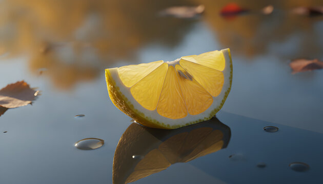 Lemon Slice Floating on Water with Autumn Reflections