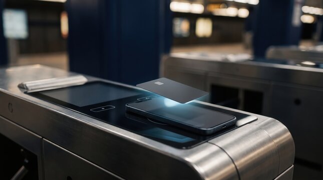 A smartphone and a payment card resting on a contactless reader at a subway station turnstile