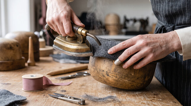 Skilled milliner uses hot vintage brass iron for shaping grey felt hat on wooden block