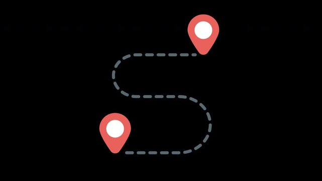 Animated map route navigation featuring a red location pin and destination flag connected by a dashed line on a with transparent alpha channel.