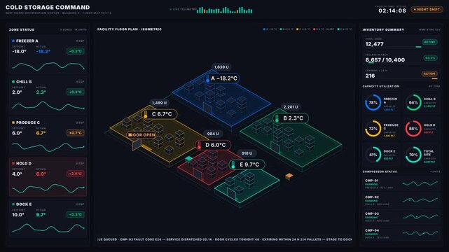 A detailed cold storage temperature zone and inventory dashboard featuring an isometric warehouse layout with animated indicators and color-coded temperature zones for efficient management.